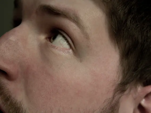 In this picture we can see a person eye, nose, ear and hair. He is looking at the corner of the...