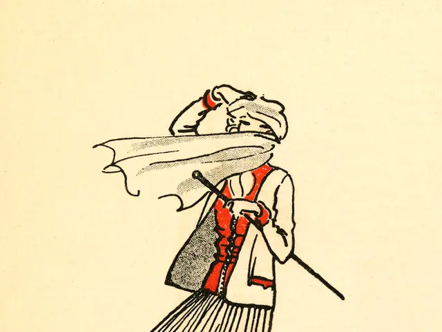 In the foreground of this image, there is a sketch of a woman holding a stick and a scarf covering...